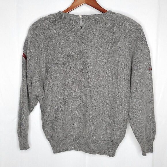 80s Silk Angora Pullover Sweater L Dolman Faux Leather Bead Floral Leaf Gray Red - Picture 6 of 8